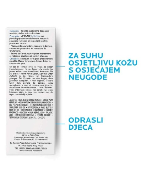 La Roche-Posay Lipikar Surgras Tvrdi sindet (sapun) za nadopunu lipida protiv nadraženosti i svrbeža, pogodno za djecu i odrasle
