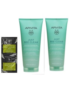 Apivita EXPRESS BEAUTY face scrub olive + Just Bee Clear gel za umivanje lica + Matirajuća hidratantna gel krema