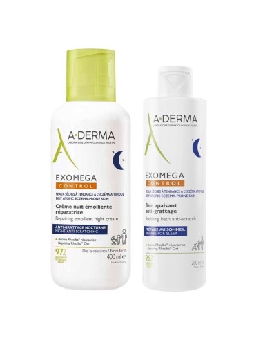A-derma Exomega Control Obnavljajuća emolijentna noćna krema + Calming Night kupka Promo pakiranje
