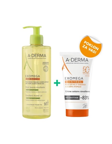 A-derma Exomega Control Emolijentno ulje za tuširanje 500 ml + SPF50 150 ml PROMO